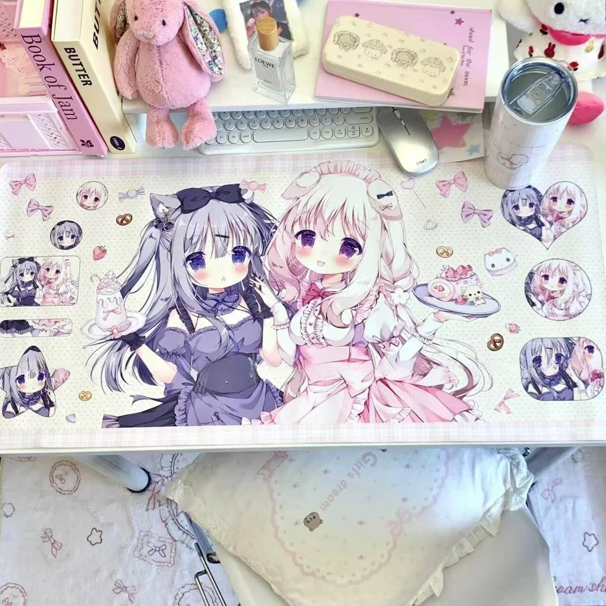 Amairo Chocolate Desk Mat on a desk, showcasing sweet dessert and character designs