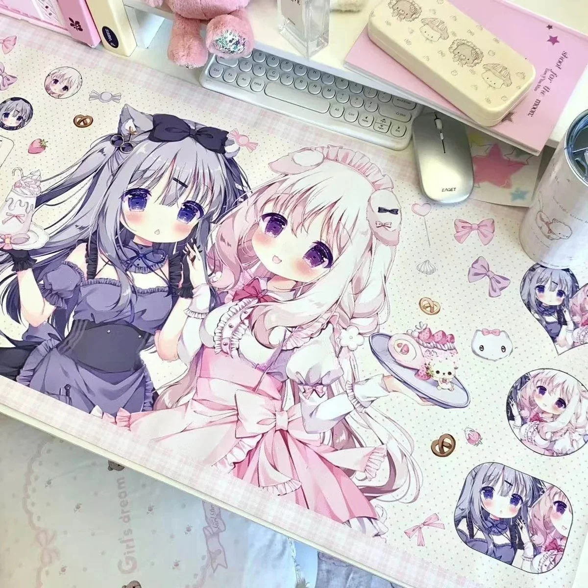 Overhead view of a desktop featuring the Amairo Chocolate Desk Mat, with warm hues and pink tones