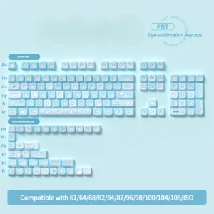 Lifestyle image of Aqua Kitten Keycap Set on a minimalist desk setup, emphasizing its aesthetic appeal and playful charm.