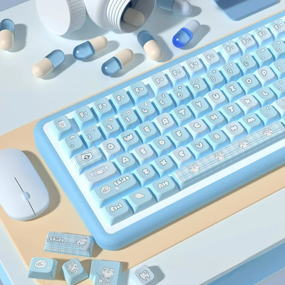 Close-up of Aqua Kitten PBT keycaps, highlighting the MDA profile and crisp dye-sublimated legends with kitten artwork.