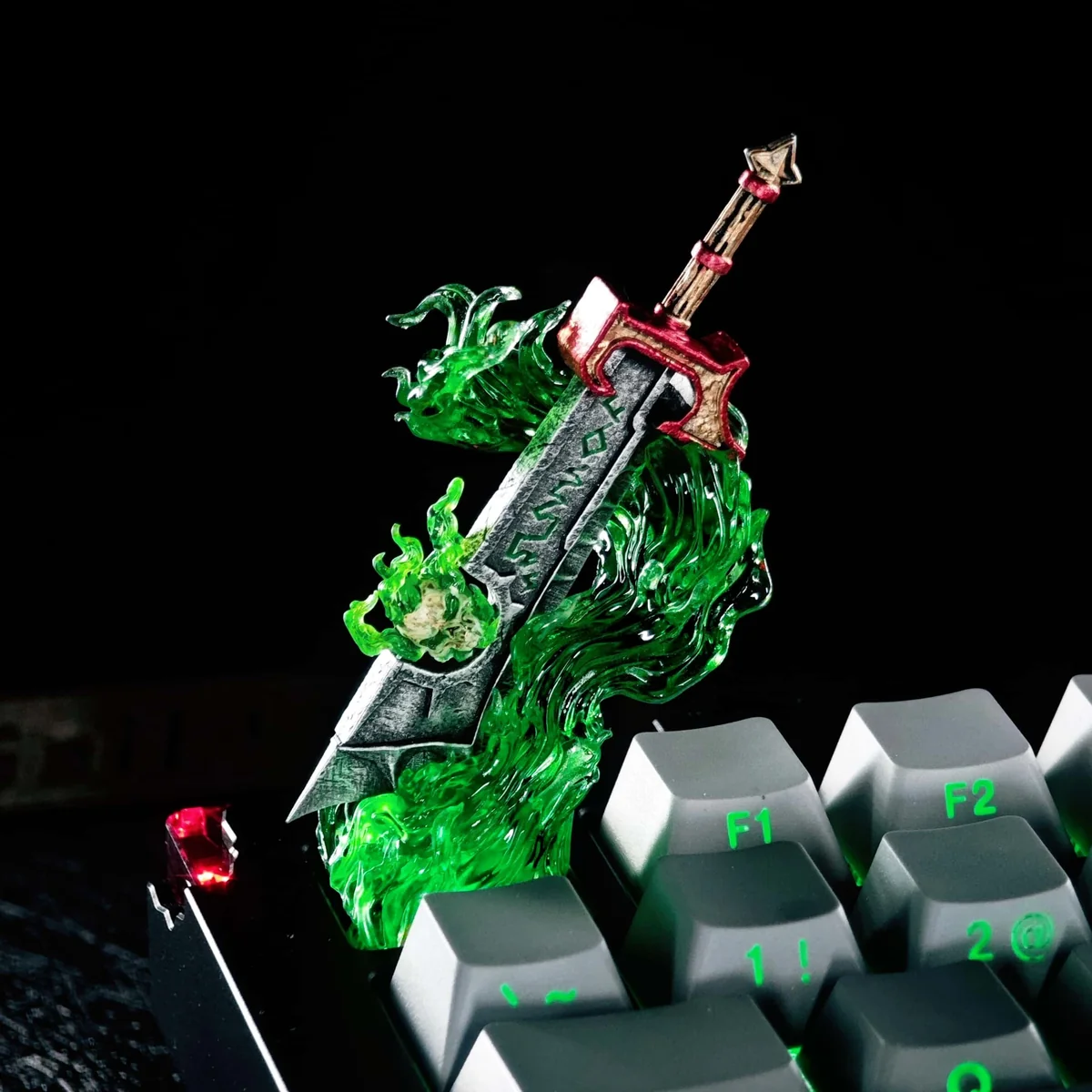 Overhead shot of the Corrupted Ashbringer keycap on a keyboard, showing its prominent placement and unique design.
