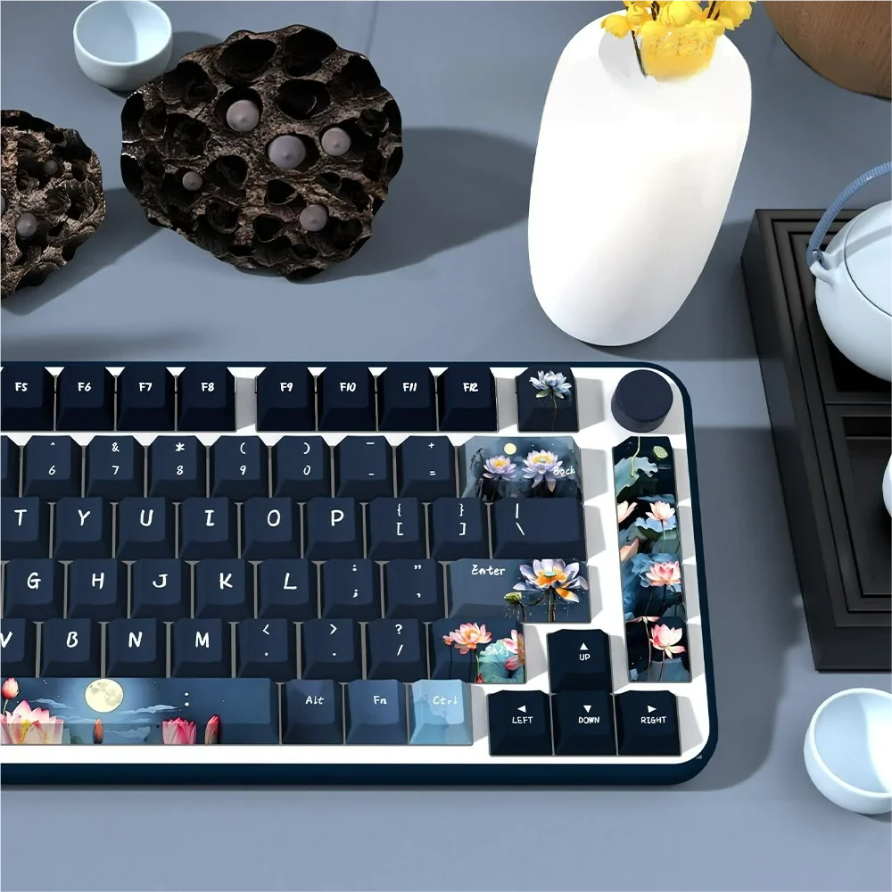 Close-up of a Moonlit Lotus Pond keycap, revealing the crisp, fade-resistant legends and artistic lotus illustration.