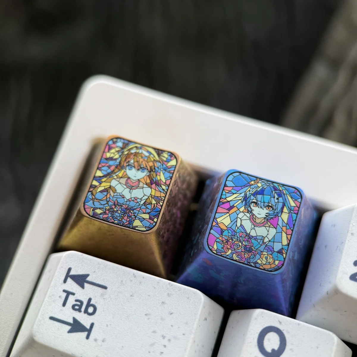 Close-up of Asuka Langley Soryu on broken glass titanium keycap
