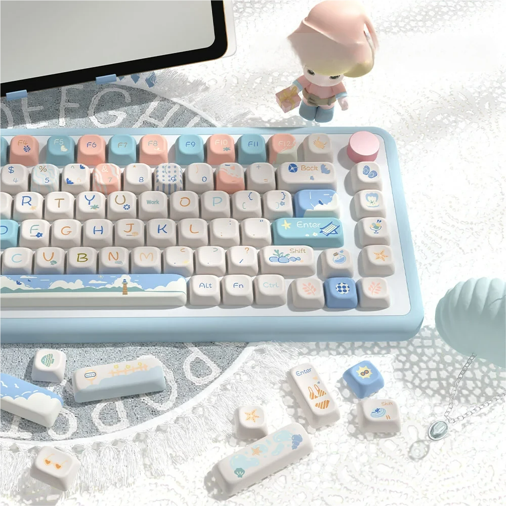 Overhead shot of the full 158-key Beach Summer Keycap Set layout, displaying all modifier and alphanumeric keys