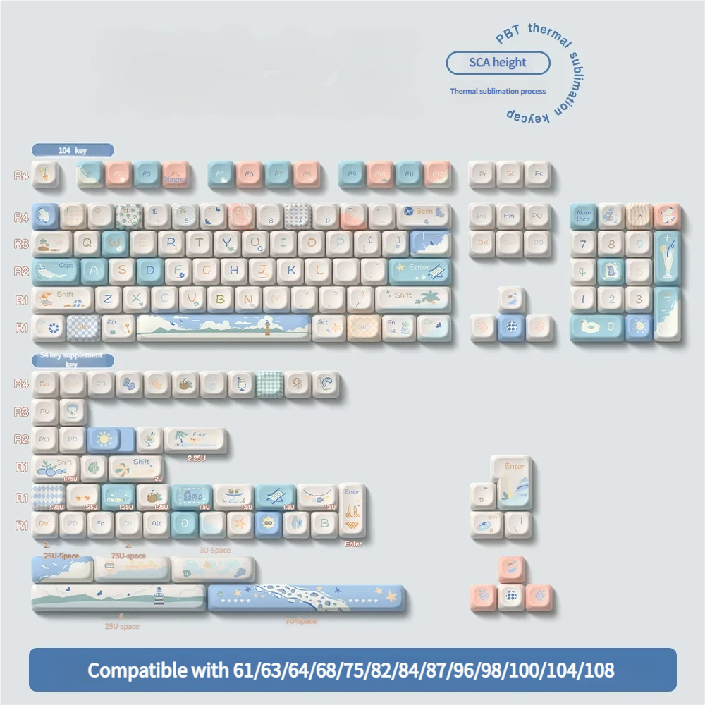 Lifestyle shot of the Beach Summer PBT Keycap Set creating a serene desktop aesthetic with a monitor and plant