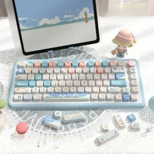 Beach Summer PBT Keycap Set on a white mechanical keyboard, showcasing vibrant blue, sand, and tropical-themed keys