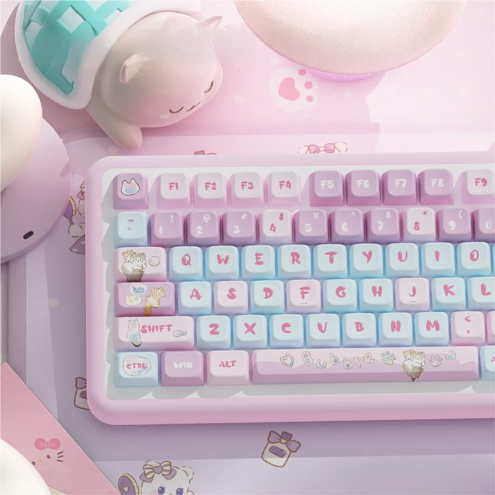 Bubble Kitten Keycap Set with playful bubble and paw print accent keys, arranged aesthetically.