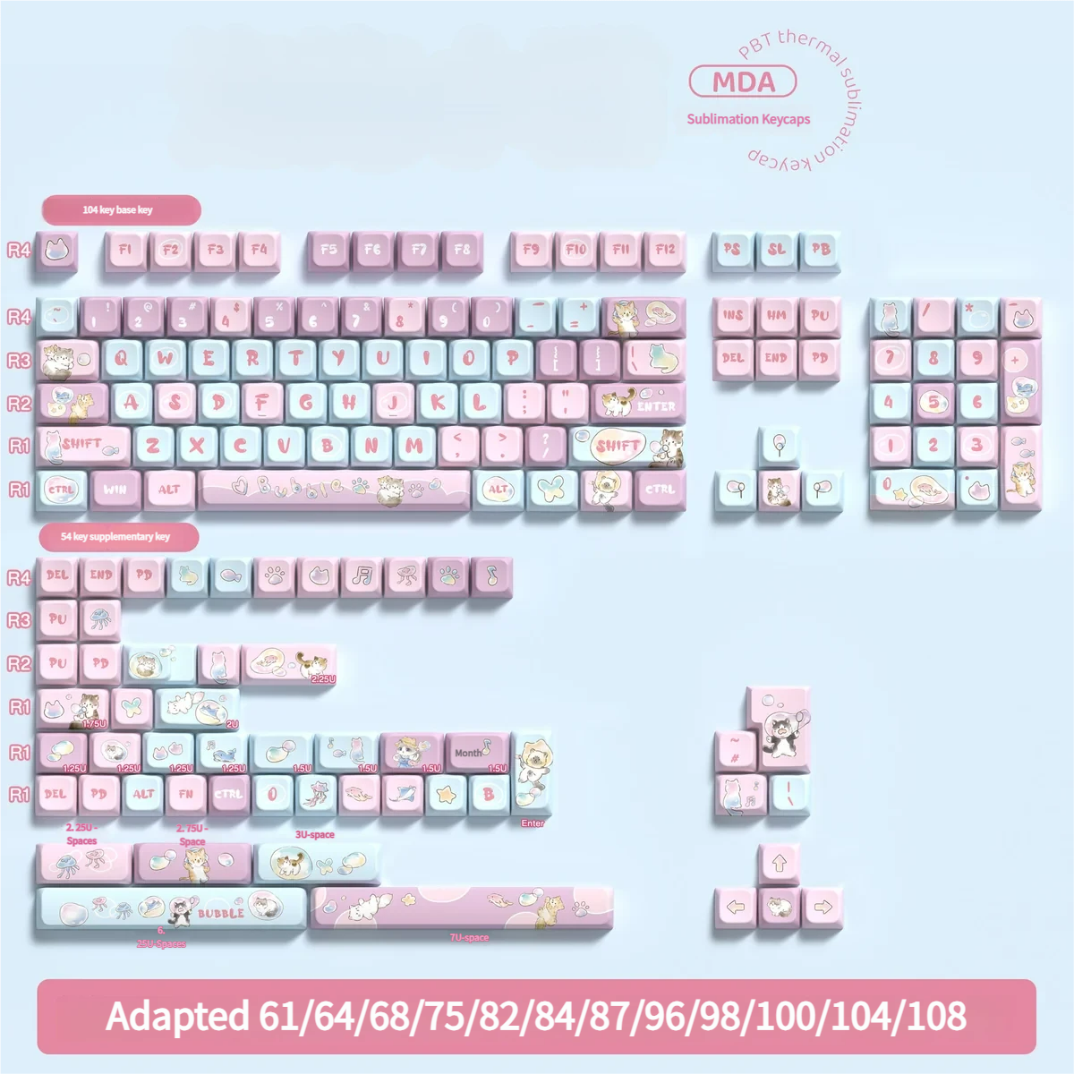 Overhead shot of the Bubble Kitten keycap set, illustrating its comprehensive compatibility for different keyboard layouts.