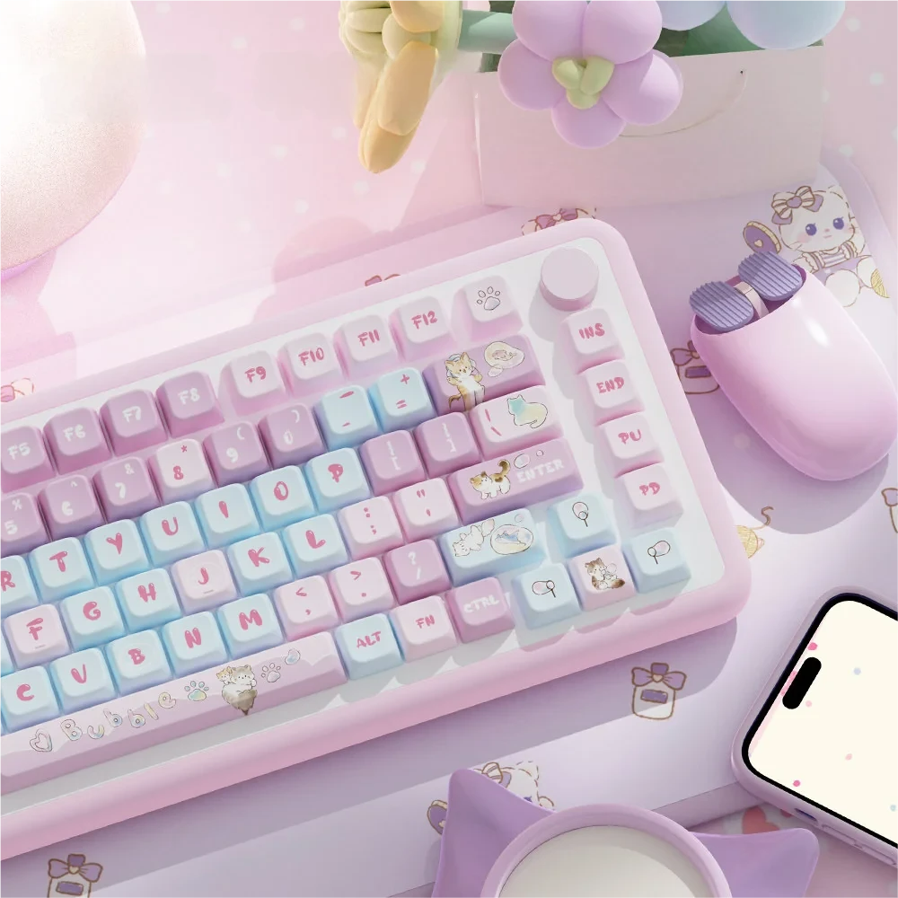 Close-up of Bubble Kitten keycaps, highlighting the MDA profile and detailed dye-sublimated kitten artwork.