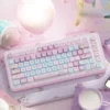 Bubble Kitten MDA Keycap Set on a white mechanical keyboard, showcasing pastel colors and cute kitten designs.