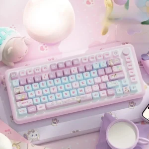 Bubble Kitten MDA Keycap Set on a white mechanical keyboard, showcasing pastel colors and cute kitten designs.