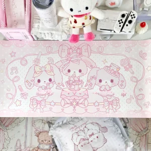 Bunny Desk Mat on a pink mechanical keyboard