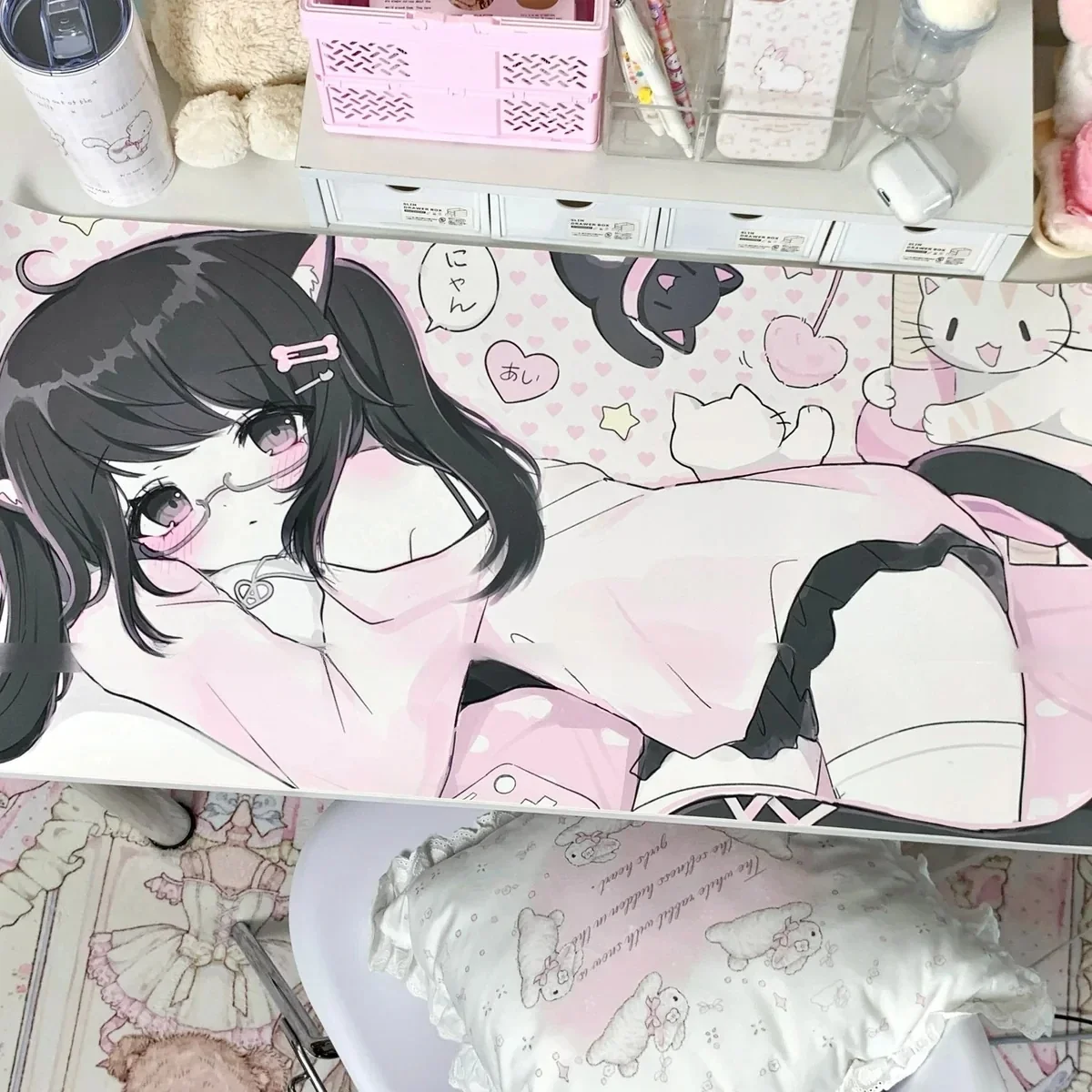 Side view of Cat Girl Desk Mat showing smooth texture