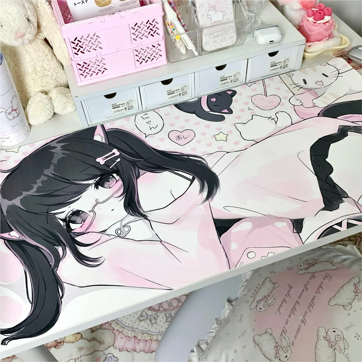 Close-up detail of Cat Girl anime art on Desk Mat