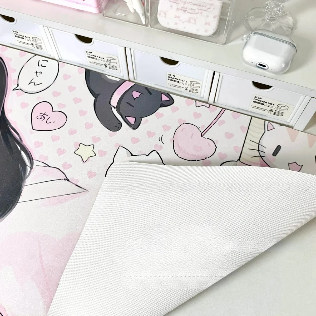 Cat Girl Desk Mat setup with pink accents