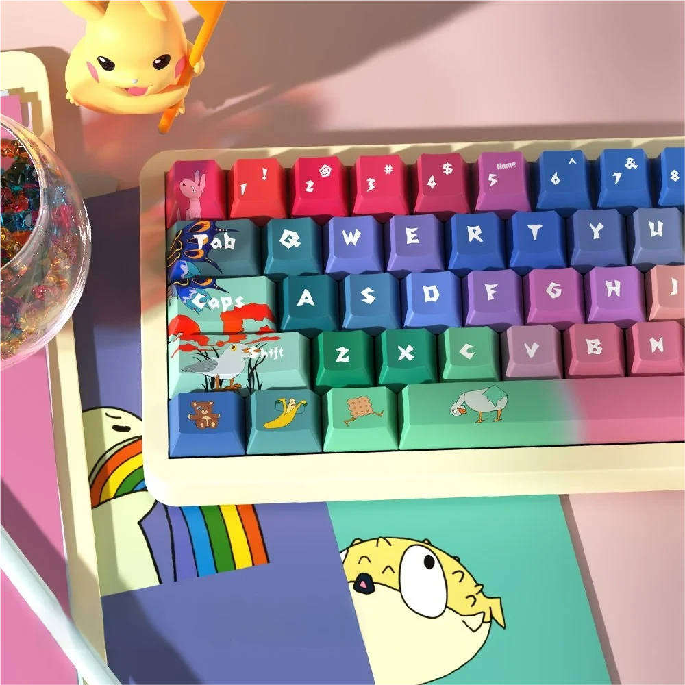 Cherry profile PBT keycaps showcasing quirky illustrations