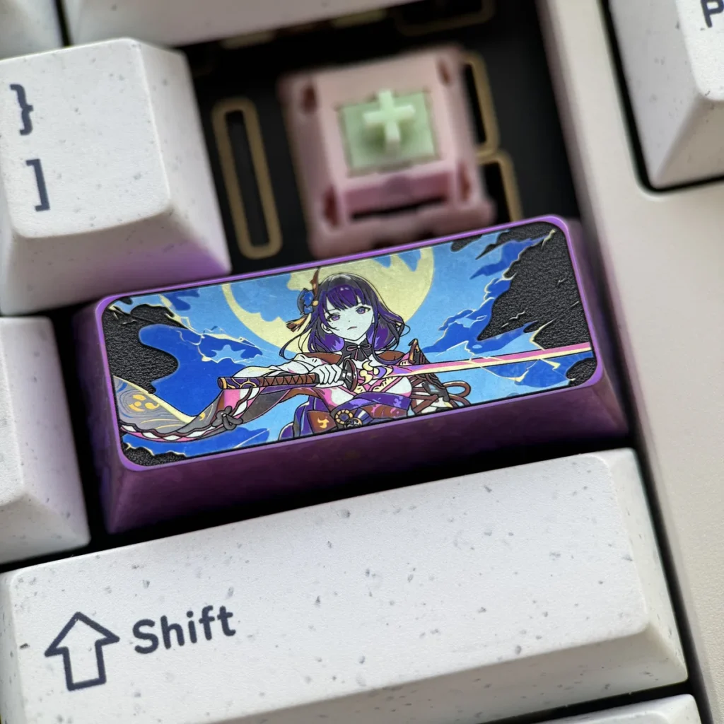 Side view of the Raiden Shogun Enter keycap highlighting its ergonomic Cherry profile and metallic finish