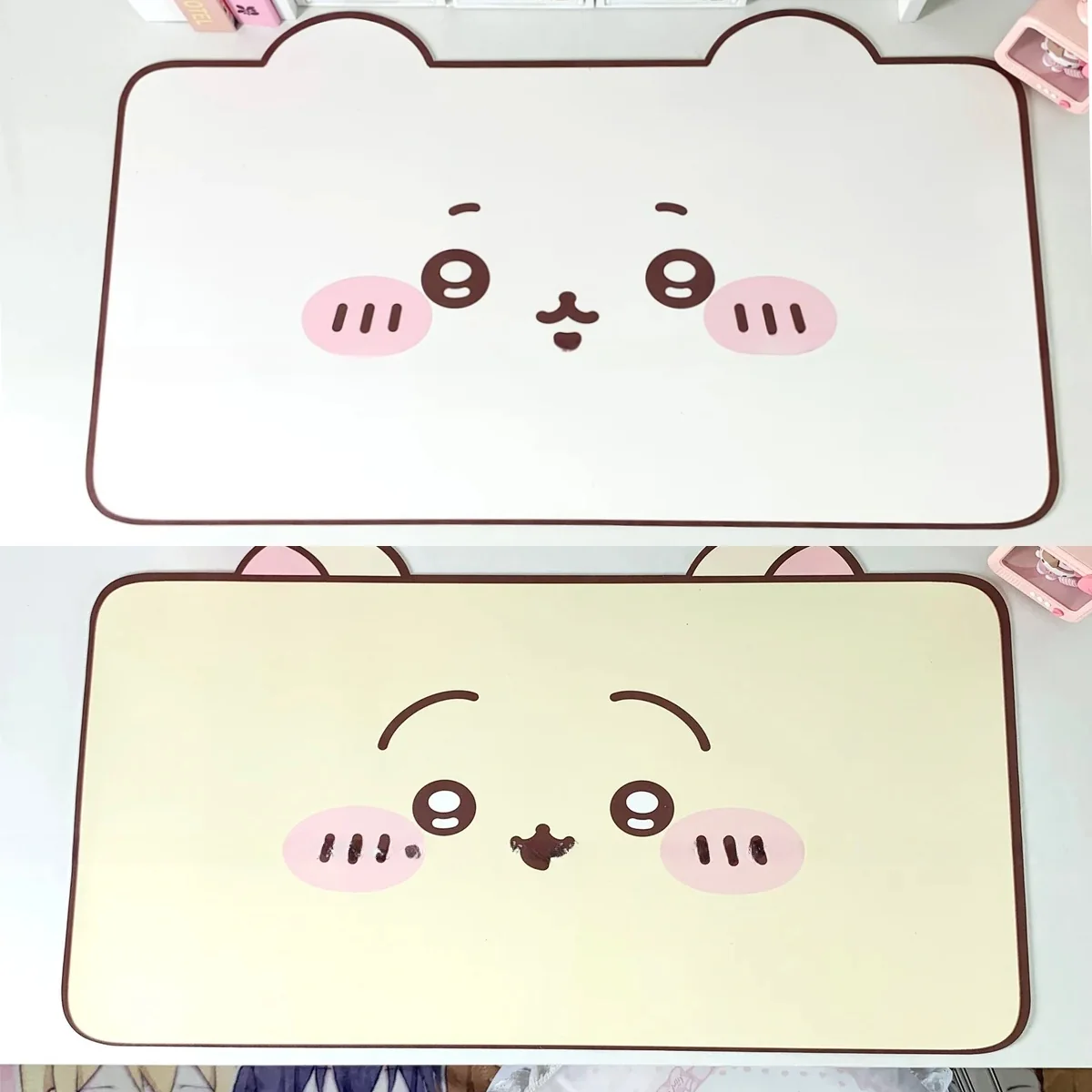 Chiikawa and Usagi themed desk mat on working environment