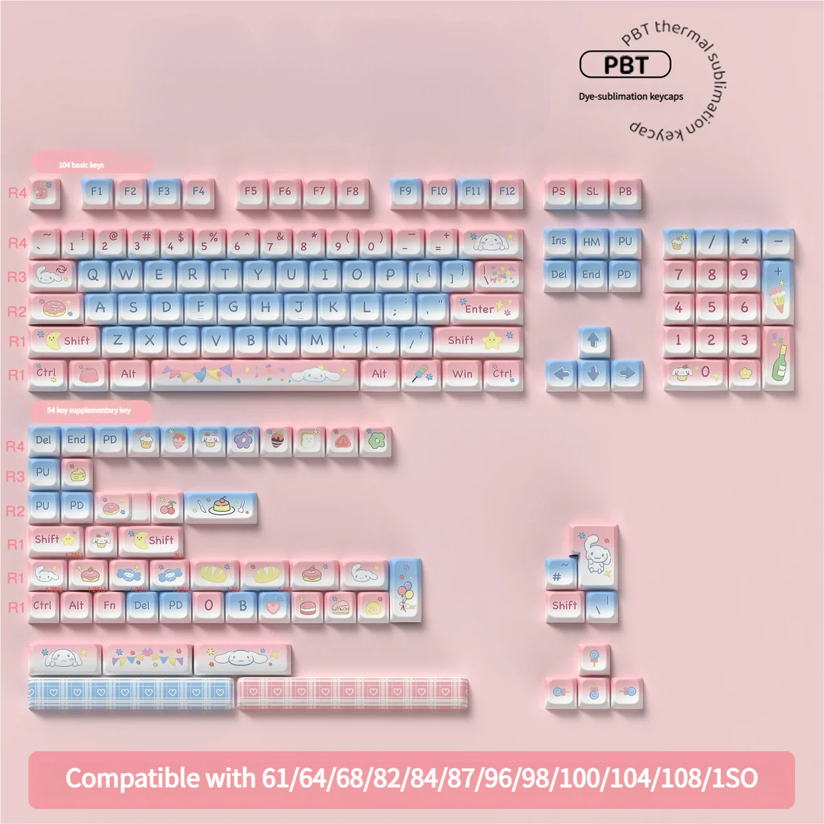 Top-down view of the Cinnamoroll keycap set on a keyboard, showing full coverage