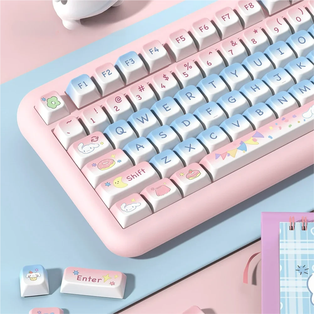 Close-up of Cinnamoroll themed PBT keycaps highlighting dye-sublimated legends