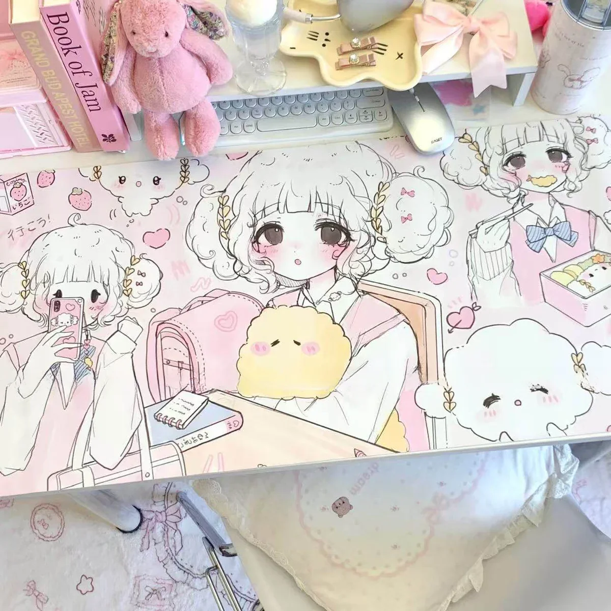 Full view of the Cogimyun Desk Mat showcasing whimsical pastel design