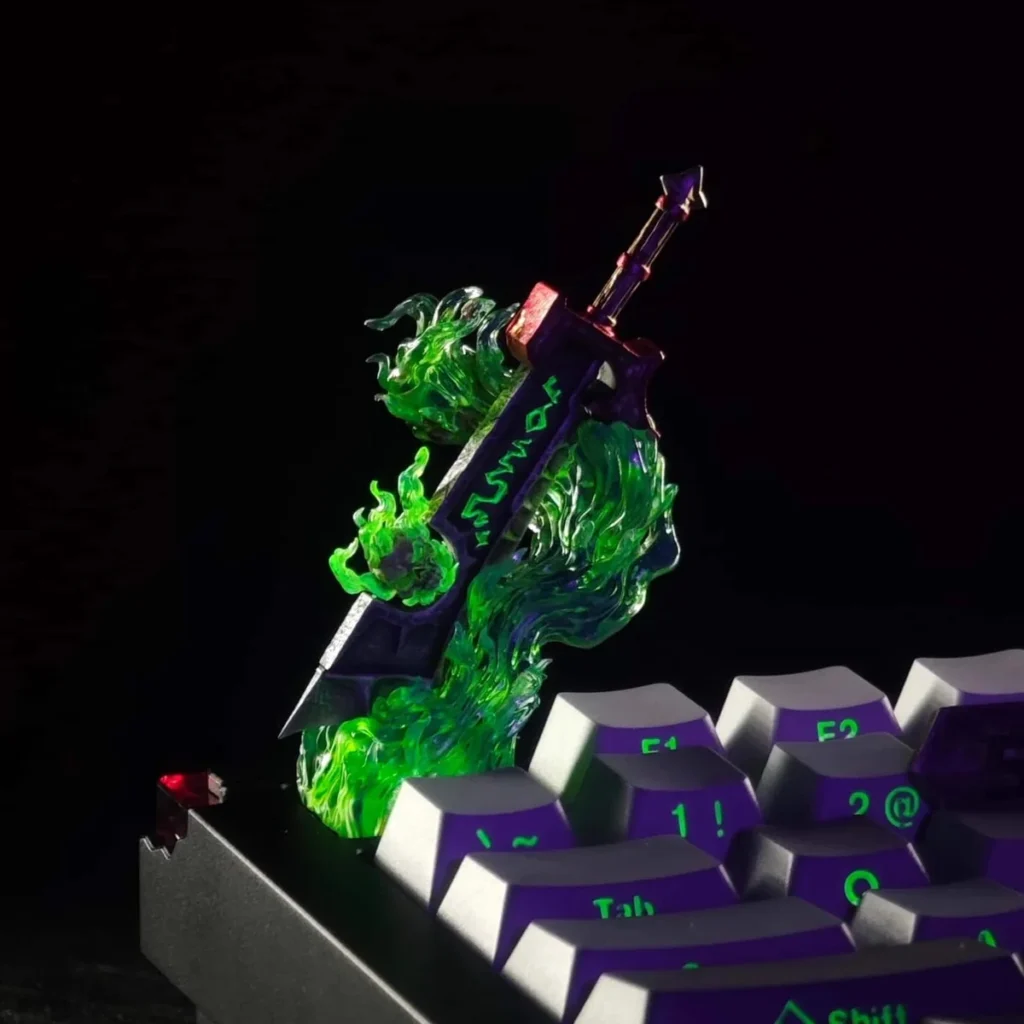 Close-up of the hand-painted resin Corrupted Ashbringer keycap, highlighting the detailed weapon sculpt and dark fantasy aesthetic.