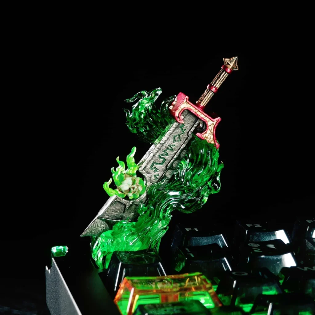 World of Warcraft Corrupted Ashbringer artisan keycap on a mechanical keyboard, showcasing its glowing green blade and intricate hilt.