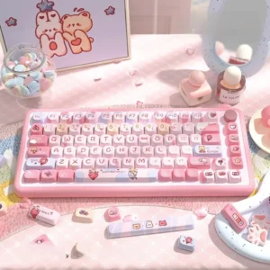 Cotton Candy Dream PBT Keycap Set on a white mechanical keyboard, showcasing pastel colors and whimsical designs.