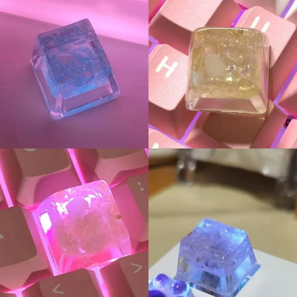 Close-up of a Crushed Ice Ramune Soda Keycap on a mechanical keyboard, showing translucent resin and sparkling texture.
