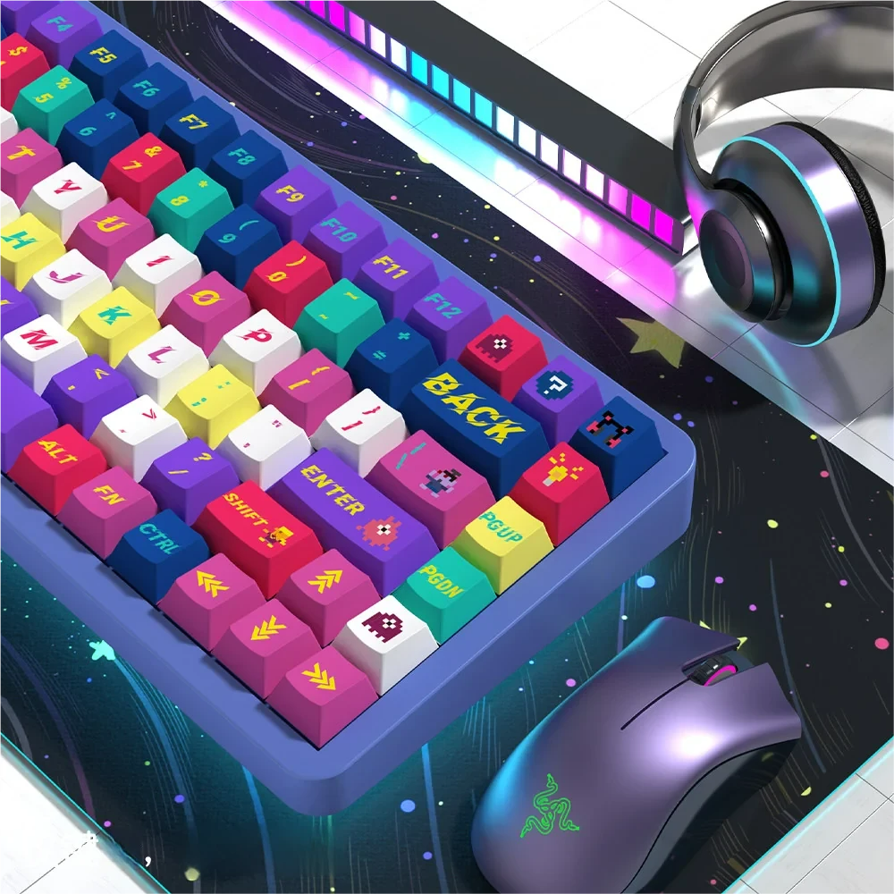Close-up of Cyberpunk 2077 keycaps showing PBT texture and dye-sub legends on a keyboard