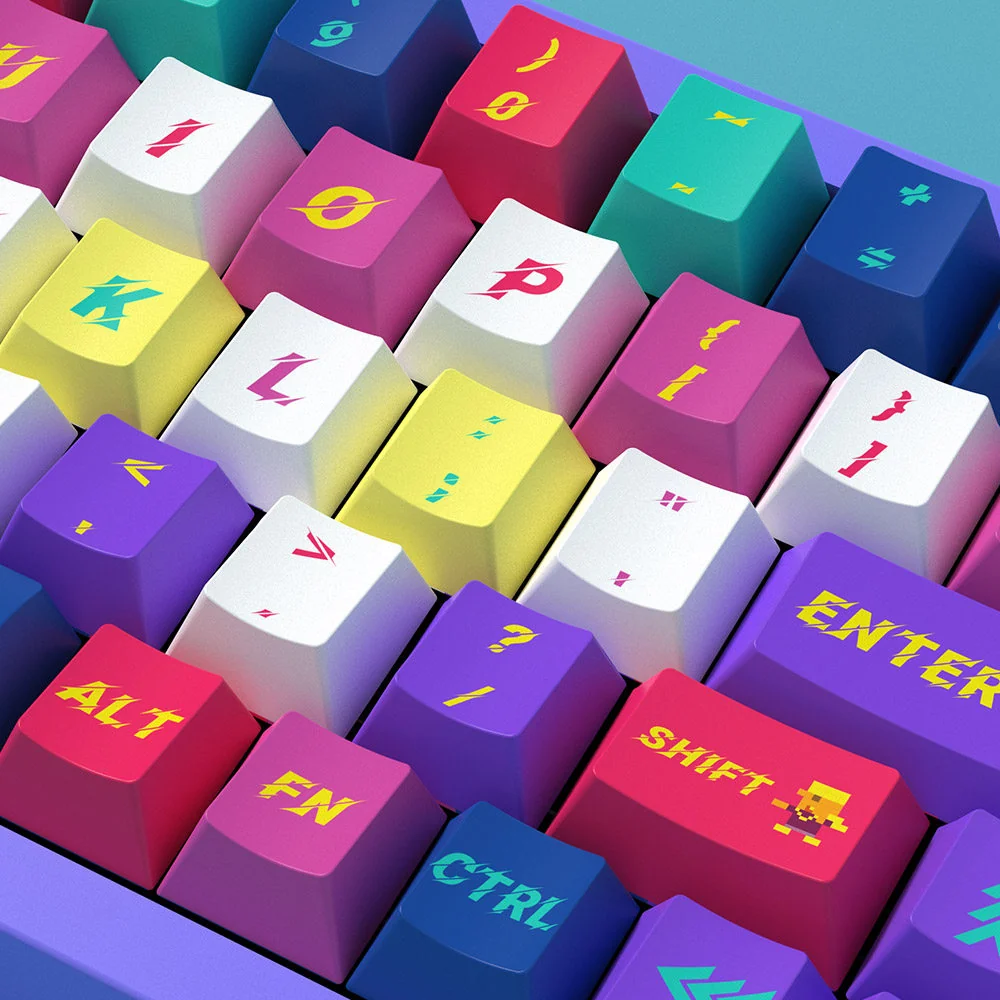 Angle shot of full Cyberpunk 2077 keycap set with various themed keys and characters