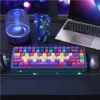 Cyberpunk 2077 PBT Dye-Sub Keycap Set on mechanical keyboard, top-down view with neon glow