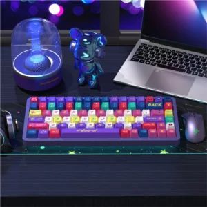 Cyberpunk 2077 PBT Dye-Sub Keycap Set on mechanical keyboard, top-down view with neon glow