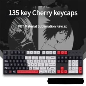 Death Note PBT Keycap Set on a full-size mechanical keyboard, showcasing iconic characters like Light and L