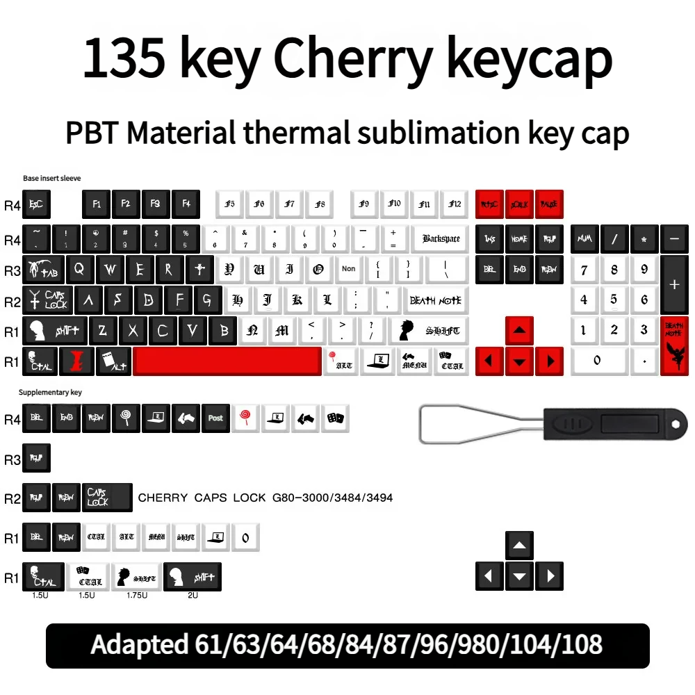 Group shot of various Death Note themed keycaps, displaying different characters and symbols from the anime