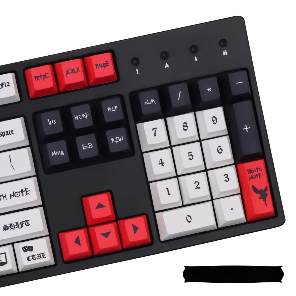 Side profile view of Death Note keycaps, illustrating the OEM profile and ergonomic curvature