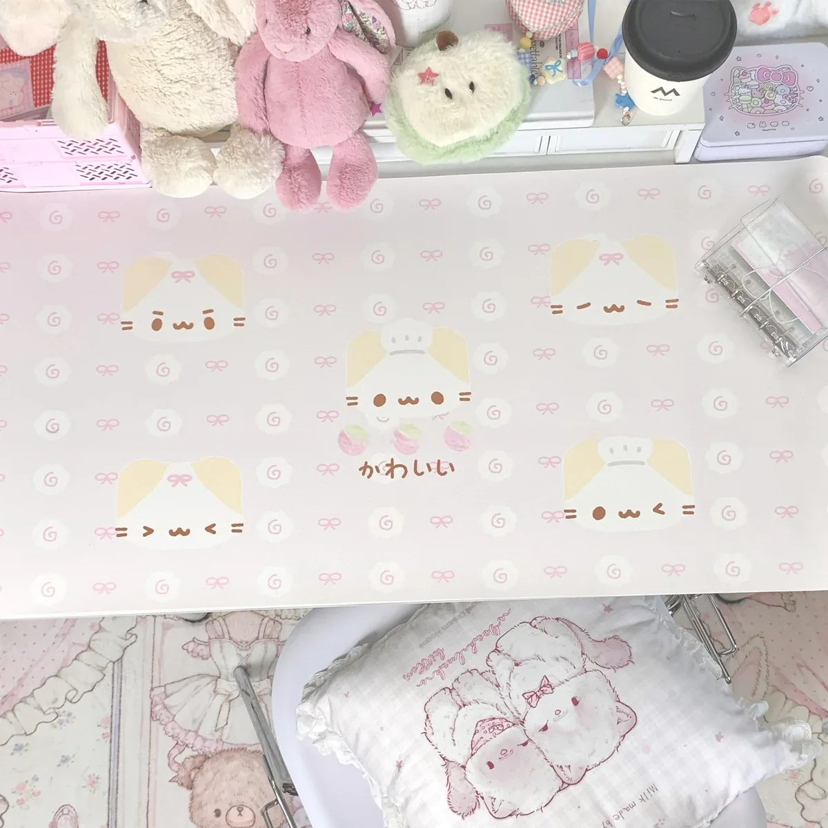 Full desktop setup with Marshmallow Cat Desk Mat