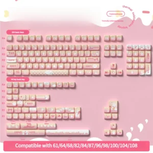 Dessert Rabbit keycaps arranged to show compatibility with different keyboard layouts.