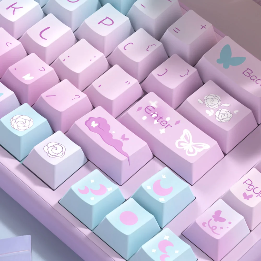 Detailed view of purple butterfly art on keycaps