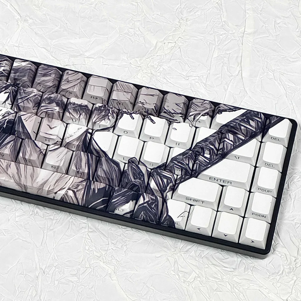 Detail view of PBT texture and Cherry profile of Straw Hat keycaps