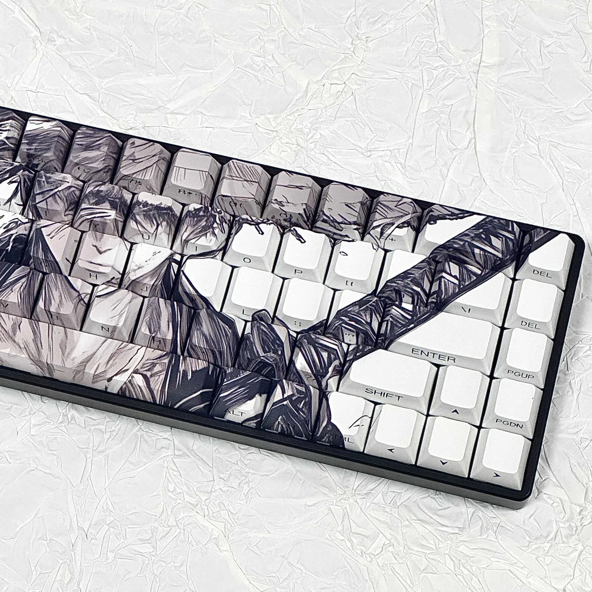 Detail view of PBT texture and Cherry profile of Straw Hat keycaps