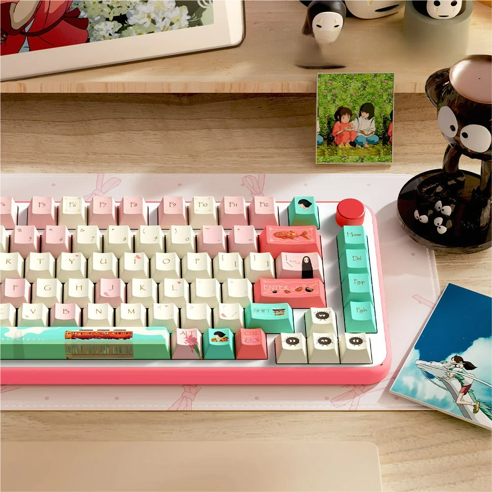 Spirited Away themed keyboard setup with keycaps installed, emphasizing the Cherry profile
