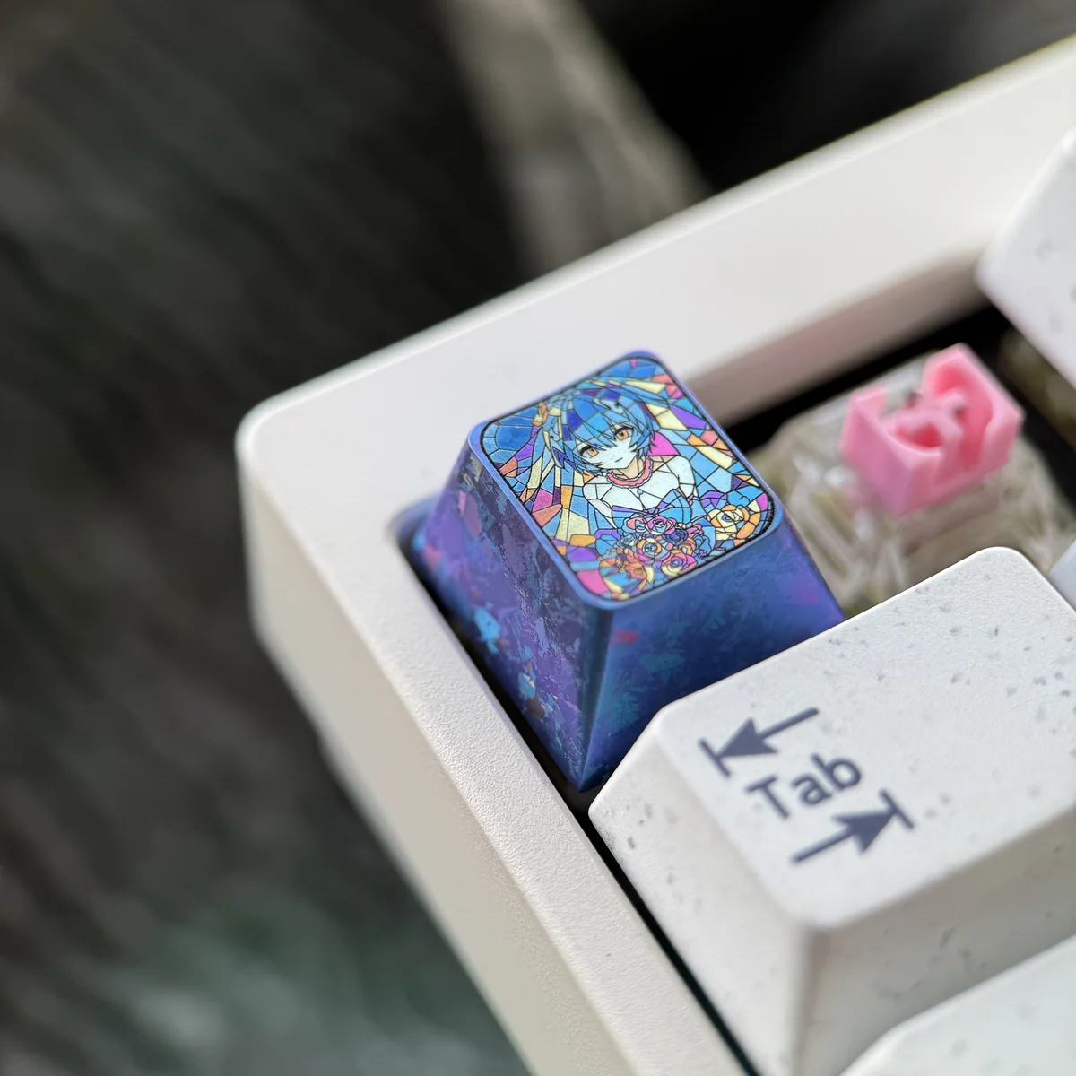 Titanium broken glass keycap mounted on mechanical keyboard