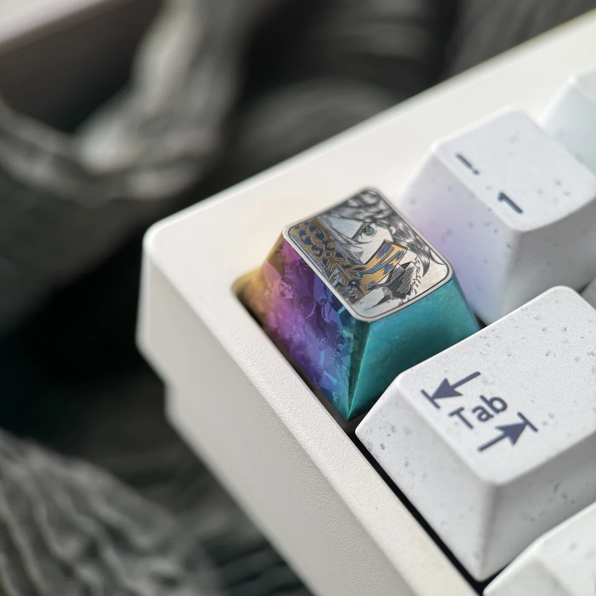Side view of Cherry R4 profile Saber keycap, highlighting iridescent gleam