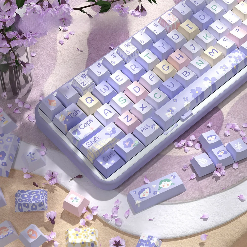 Close-up of Floral Girl keycaps, highlighting the intricate dye-sublimated floral patterns and PBT texture.