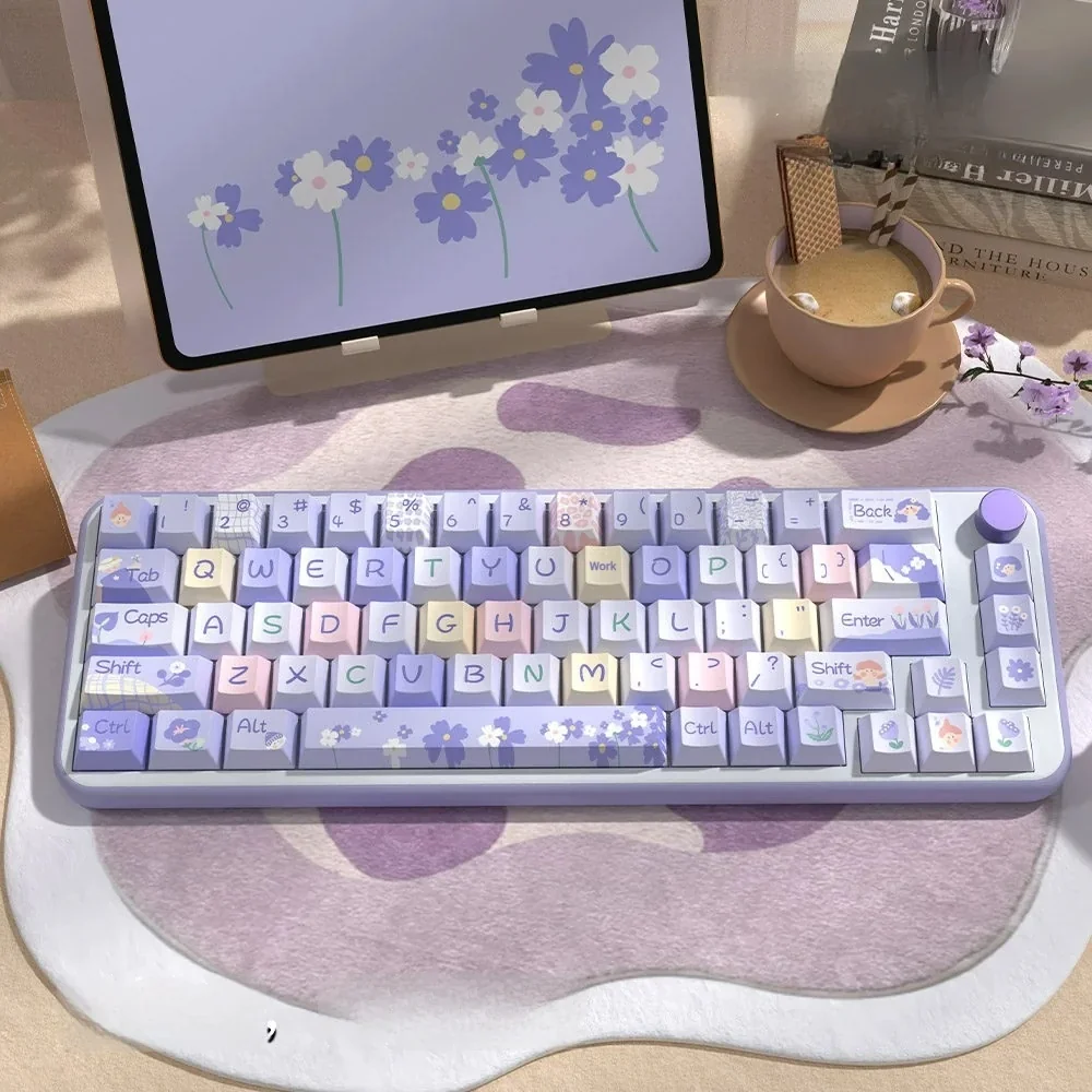 Full Floral Girl PBT Keycap Set on a white mechanical keyboard, showcasing vibrant floral art and Cherry profile.