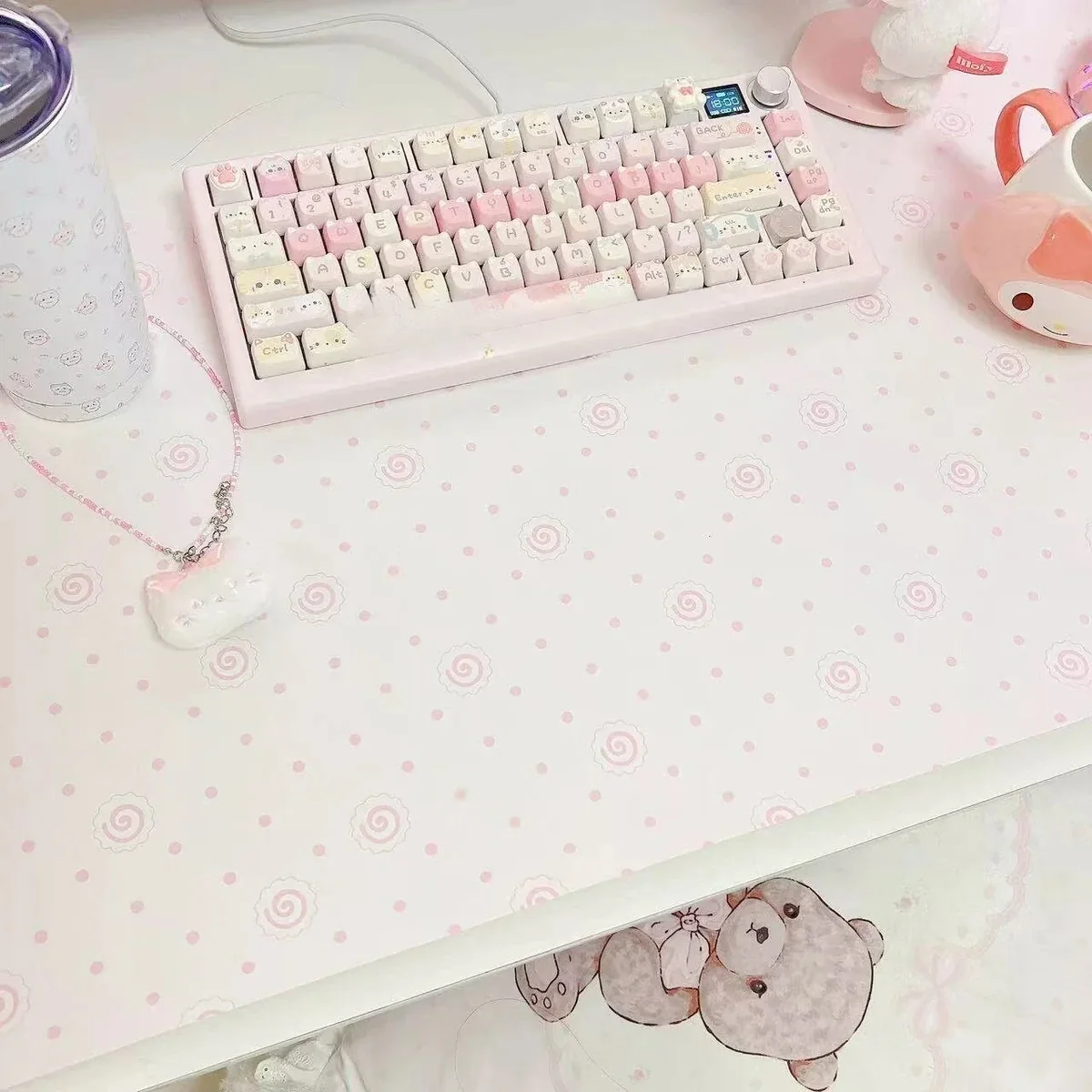 Full view of the Fish Cake Desk Mat layout, highlighting cute and legends.