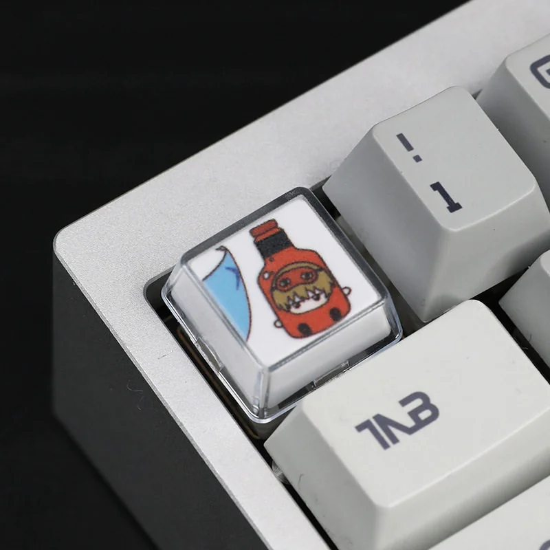 Overhead view of the Gintama Keycap Set installed on a keyboard's arrow cluster