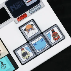 Handcrafted Gintama anime characters resin arrow keycaps on a mechanical keyboard