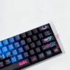 Close-up of Jinx themed keycaps with vibrant art